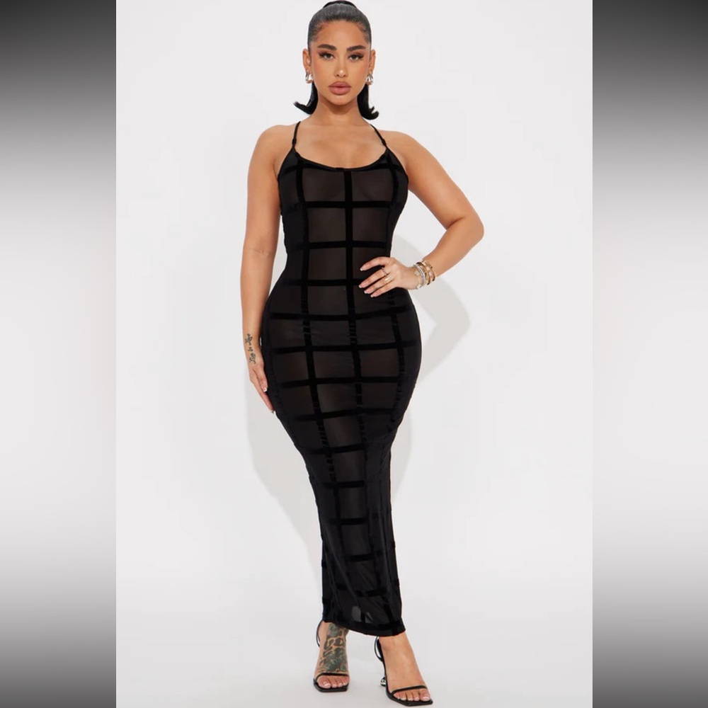 See through sheer Black Grid Pattern Dress